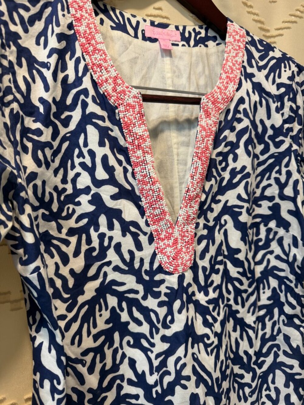 Lilly Pulitzer Cover Up M Beaded Coral Print Cotton Beach Resort Summer - Picture 8 of 12